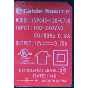 ADAPTADOR CABLE SOURCE / IVP045-120-0750 / 100-240VAC / SALIDA VCD 12V - 0.75A / 50-60㎐ / MODELO IVP045-120-0750	